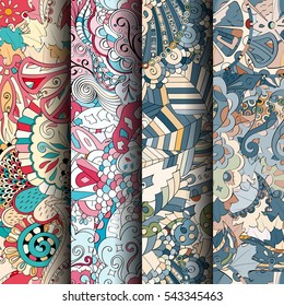 Set of tracery colorful seamless patterns. Curved doodling backgrounds for textile or printing with mehndi and ethnic motives. Vector.