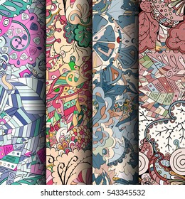 Set of tracery colorful seamless patterns. Curved doodling backgrounds for textile or printing with mehndi and ethnic motives. Vector.