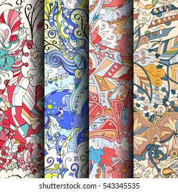 Set of tracery colorful seamless patterns. Curved doodling backgrounds for textile or printing with mehndi and ethnic motives. Vector.