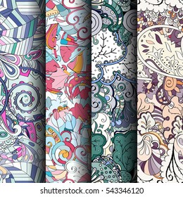 Set of tracery colorful seamless patterns. Curved doodling backgrounds for textile or printing with mehndi and ethnic motives. Vector.