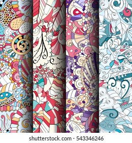 Set of tracery colorful seamless patterns. Curved doodling backgrounds for textile or printing with mehndi and ethnic motives. Vector.