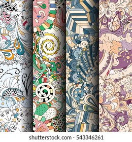 Set of tracery colorful seamless patterns. Curved doodling backgrounds for textile or printing with mehndi and ethnic motives. Vector.