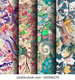 Set of tracery colorful seamless patterns. Curved doodling backgrounds for textile or printing with mehndi and ethnic motives. Vector.