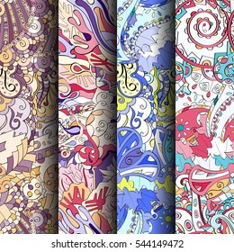 Set of tracery colorful seamless patterns. Curved doodling backgrounds for textile or printing with mehndi and ethnic motives. Vector.