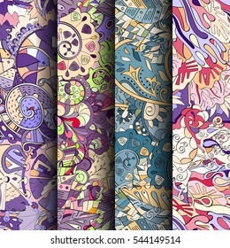 Set of tracery colorful seamless patterns. Curved doodling backgrounds for textile or printing with mehndi and ethnic motives. Vector.