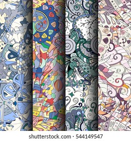 Set of tracery colorful seamless patterns. Curved doodling backgrounds for textile or printing with mehndi and ethnic motives. Vector.