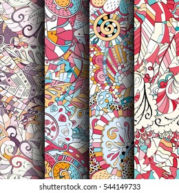 Set of tracery colorful seamless patterns. Curved doodling backgrounds for textile or printing with mehndi and ethnic motives. Vector.