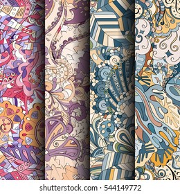 Set of tracery colorful seamless patterns. Curved doodling backgrounds for textile or printing with mehndi and ethnic motives. Vector.