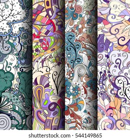 Set of tracery colorful seamless patterns. Curved doodling backgrounds for textile or printing with mehndi and ethnic motives. Vector.