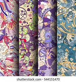Set of tracery colorful seamless patterns. Curved doodling backgrounds for textile or printing with mehndi and ethnic motives. Vector.