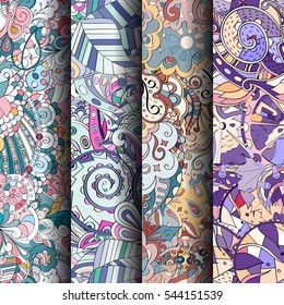 Set of tracery colorful seamless patterns. Curved doodling backgrounds for textile or printing with mehndi and ethnic motives. Vector.