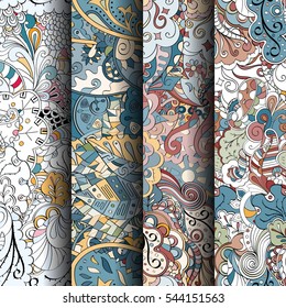 Set of tracery colorful seamless patterns. Curved doodling backgrounds for textile or printing with mehndi and ethnic motives. Vector.