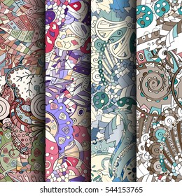 Set of tracery colorful seamless patterns. Curved doodling backgrounds for textile or printing with mehndi and ethnic motives. Vector.
