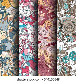 Set of tracery colorful seamless patterns. Curved doodling backgrounds for textile or printing with mehndi and ethnic motives. Vector.