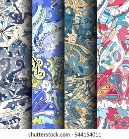 Set of tracery colorful seamless patterns. Curved doodling backgrounds for textile or printing with mehndi and ethnic motives. Vector.