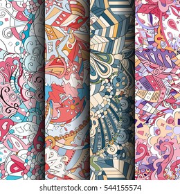 Set of tracery colorful seamless patterns. Curved doodling backgrounds for textile or printing with mehndi and ethnic motives. Vector.