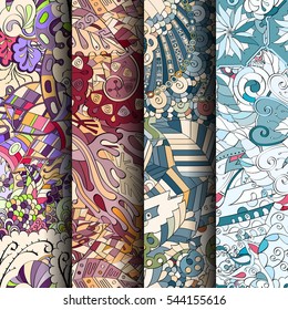 Set of tracery colorful seamless patterns. Curved doodling backgrounds for textile or printing with mehndi and ethnic motives. Vector.