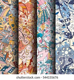 Set of tracery colorful seamless patterns. Curved doodling backgrounds for textile or printing with mehndi and ethnic motives. Vector.