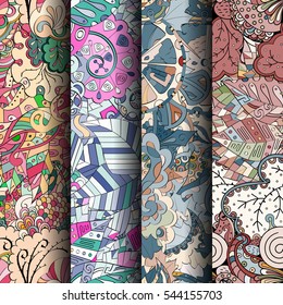 Set of tracery colorful seamless patterns. Curved doodling backgrounds for textile or printing with mehndi and ethnic motives. Vector.