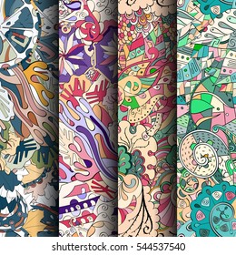 Set of tracery colorful seamless patterns. Curved doodling backgrounds for textile or printing with mehndi and ethnic motives. Vector.