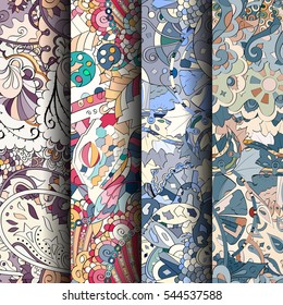Set of tracery colorful seamless patterns. Curved doodling backgrounds for textile or printing with mehndi and ethnic motives. Vector.