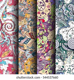 Set of tracery colorful seamless patterns. Curved doodling backgrounds for textile or printing with mehndi and ethnic motives. Vector.