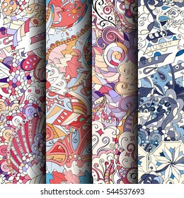 Set of tracery colorful seamless patterns. Curved doodling backgrounds for textile or printing with mehndi and ethnic motives. Vector.