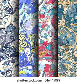 Set of tracery colorful seamless patterns. Curved doodling backgrounds for textile or printing with mehndi and ethnic motives. Vector.