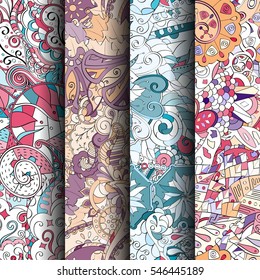 Set of tracery colorful seamless patterns. Curved doodling backgrounds for textile or printing with mehndi and ethnic motives. Vector.