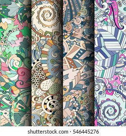 Set of tracery colorful seamless patterns. Curved doodling backgrounds for textile or printing with mehndi and ethnic motives. Vector.