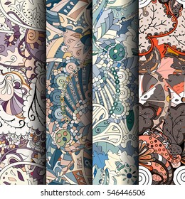 Set of tracery colorful seamless patterns. Curved doodling backgrounds for textile or printing with mehndi and ethnic motives. Vector.