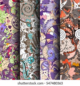 Set of tracery colorful seamless patterns. Curved doodling backgrounds for textile or printing with mehndi and ethnic motives. Vector.