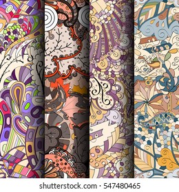 Set of tracery colorful seamless patterns. Curved doodling backgrounds for textile or printing with mehndi and ethnic motives. Vector.