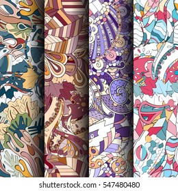 Set of tracery colorful seamless patterns. Curved doodling backgrounds for textile or printing with mehndi and ethnic motives. Vector.