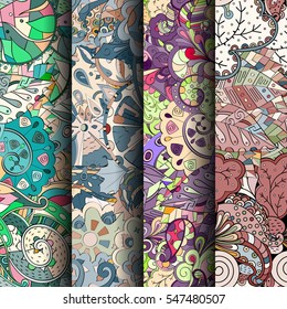 Set of tracery colorful seamless patterns. Curved doodling backgrounds for textile or printing with mehndi and ethnic motives. Vector.