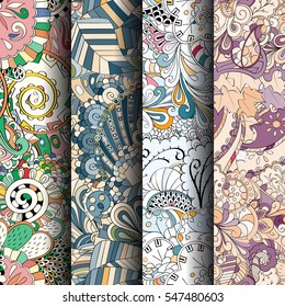 Set of tracery colorful seamless patterns. Curved doodling backgrounds for textile or printing with mehndi and ethnic motives. Vector.