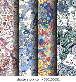 Set of tracery colorful seamless patterns. Curved doodling backgrounds for textile or printing with mehndi and ethnic motives. Vector.