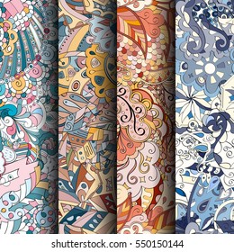 Set of tracery colorful seamless patterns. Curved doodling backgrounds for textile or printing with mehndi and ethnic motives. Vector.