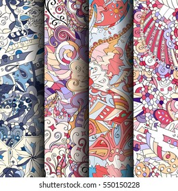 Set of tracery colorful seamless patterns. Curved doodling backgrounds for textile or printing with mehndi and ethnic motives. Vector.