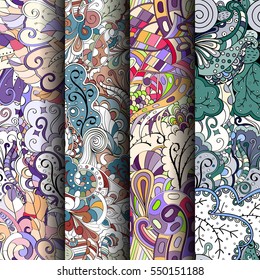 Set of tracery colorful seamless patterns. Curved doodling backgrounds for textile or printing with mehndi and ethnic motives. Vector.