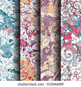 Set of tracery colorful seamless patterns. Curved doodling backgrounds for textile or printing with mehndi and ethnic motives. Vector.
