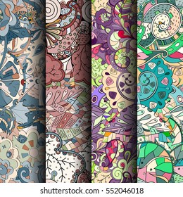 Set of tracery colorful seamless patterns. Curved doodling backgrounds for textile or printing with mehndi and ethnic motives. Vector.