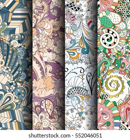 Set of tracery colorful seamless patterns. Curved doodling backgrounds for textile or printing with mehndi and ethnic motives. Vector.