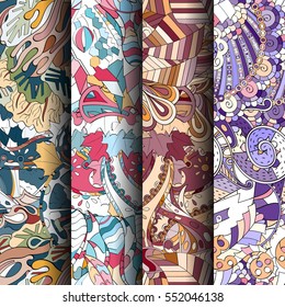 Set of tracery colorful seamless patterns. Curved doodling backgrounds for textile or printing with mehndi and ethnic motives. Vector.
