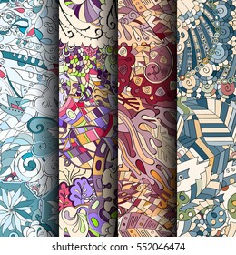 Set of tracery colorful seamless patterns. Curved doodling backgrounds for textile or printing with mehndi and ethnic motives. Vector.