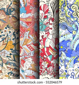 Set of tracery colorful seamless patterns. Curved doodling backgrounds for textile or printing with mehndi and ethnic motives. Vector.