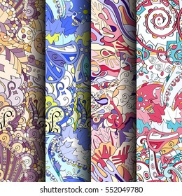 Set of tracery colorful seamless patterns. Curved doodling backgrounds for textile or printing with mehndi and ethnic motives. Vector.
