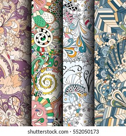 Set of tracery colorful seamless patterns. Curved doodling backgrounds for textile or printing with mehndi and ethnic motives. Vector.