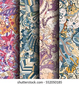 Set of tracery colorful seamless patterns. Curved doodling backgrounds for textile or printing with mehndi and ethnic motives. Vector.