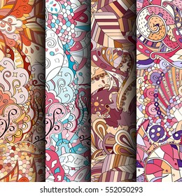 Set of tracery colorful seamless patterns. Curved doodling backgrounds for textile or printing with mehndi and ethnic motives. Vector.